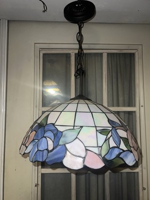 Vintage Tiffany Style Stained Glass Hanging Lamp Shade 12'' Tall x 16'' Round - 