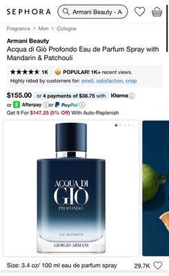 Giorgio Armani Acqua Di Gio Parfum Spray, Regular Size 3.3 fl oz  Aunthetic/Real