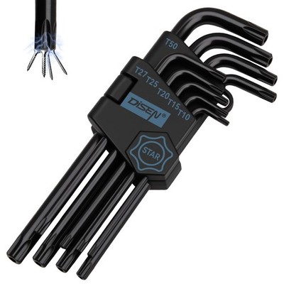 DISEN 9 Pieces Torx Star Allen Wrench Set, Long Arm Star Key Set T10-T50, Chrome
