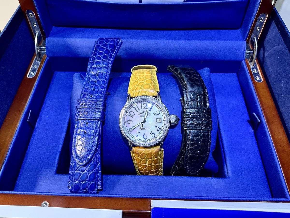 Krieger Gigantium Diamond Bezel MOP Dial Leather Strap Watch  display picture 2