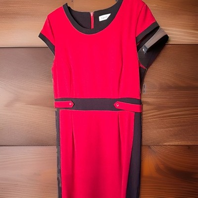 Calvin Klein Women s 14 Sheath Dress Colorblock Red Black Cap Sleeve Knee