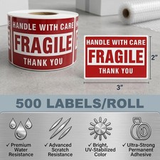 500 Fragile Stickers Roll 2x3 Handle With Care Warning Shipping Mailing Label