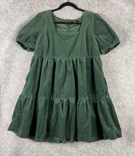 Madewell Corduroy Aidy Dress Womens 10 Green Square Neck Tiered Babydoll Holiday