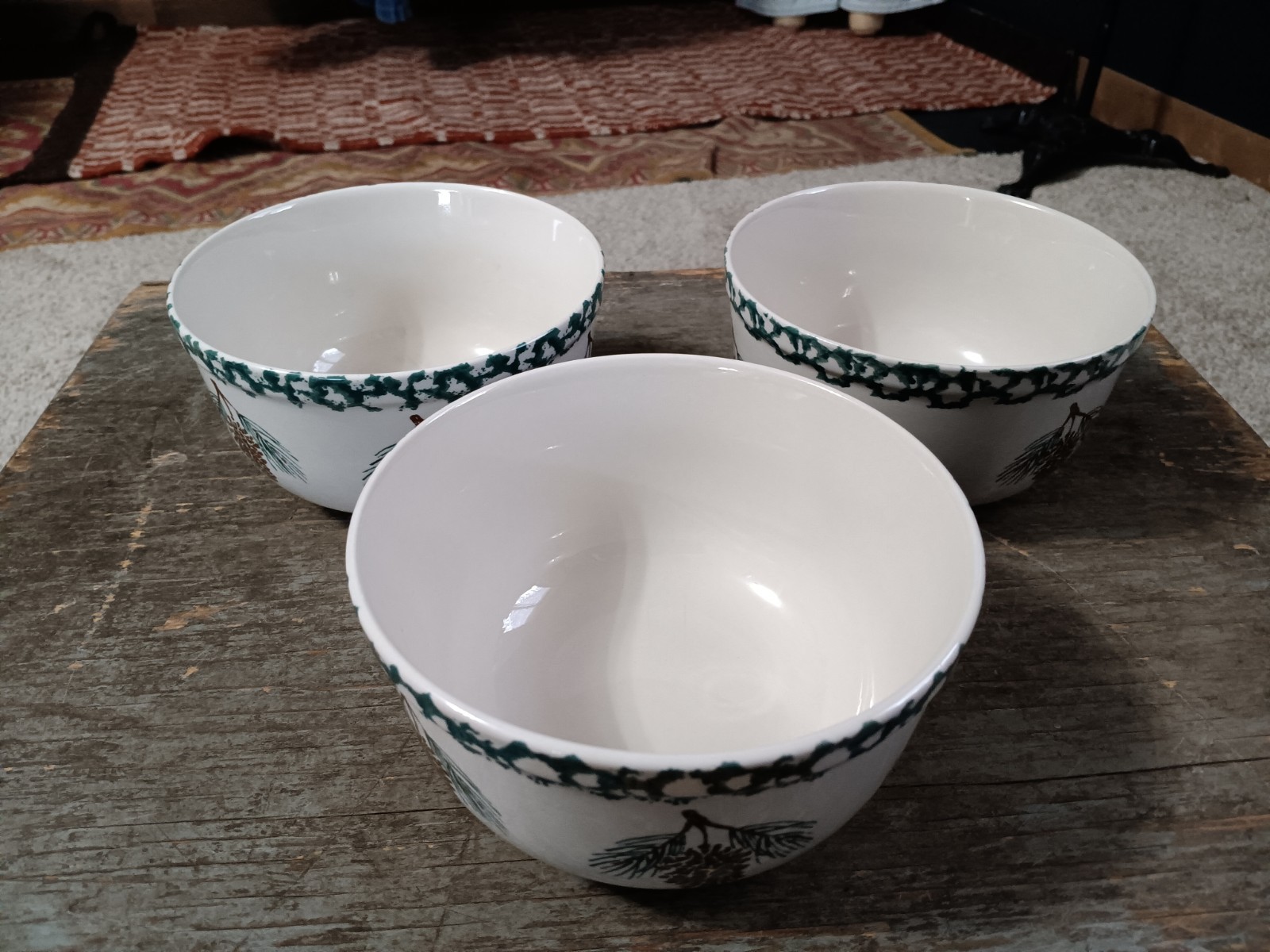 FolkCraft Pine Cone by TIENSHAN Set of 6 Dishes-3 bowls, 3 plates EUC Cabin Core