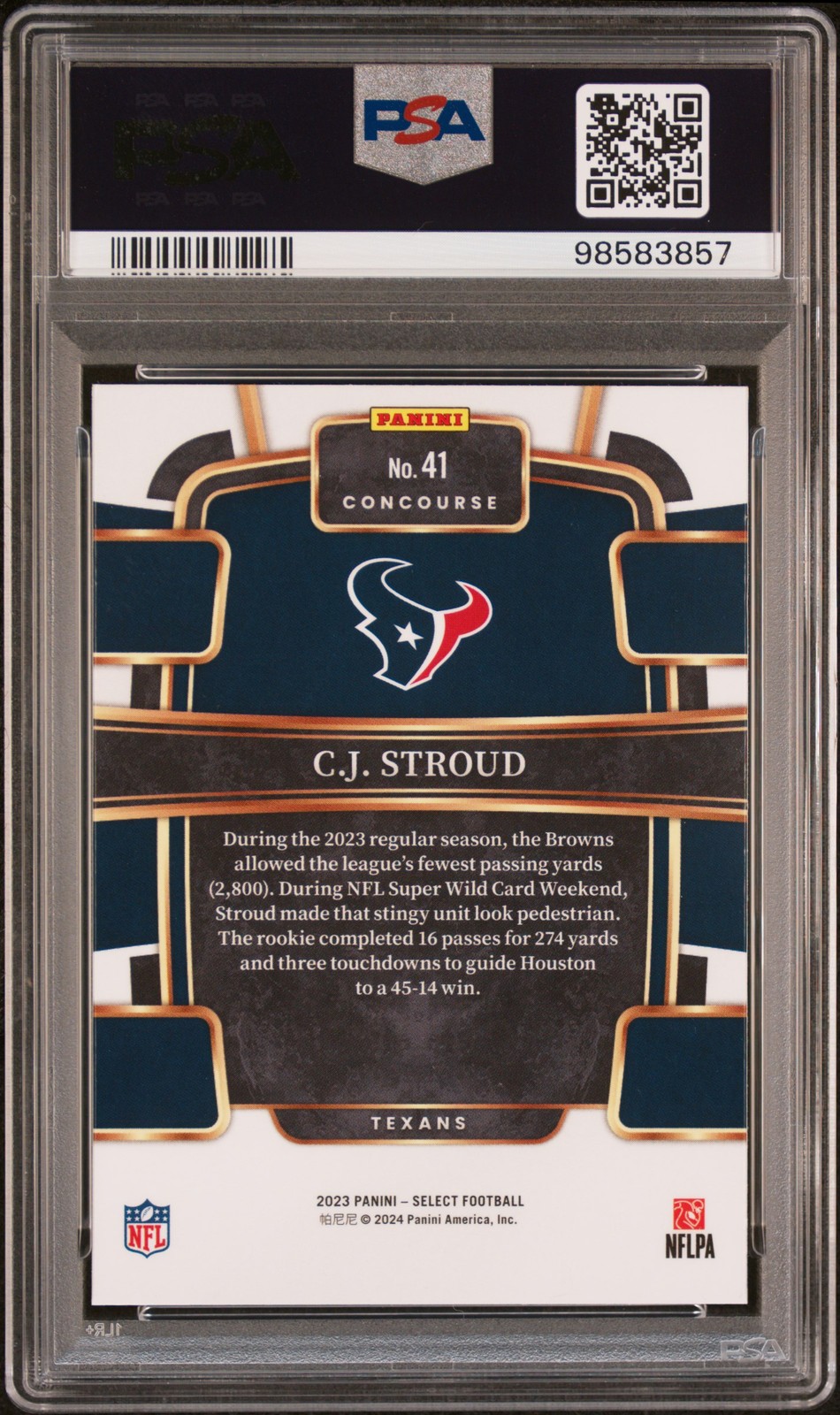 2023 PANINI SELECT #41 CJ STROUD ROOKIE RC PSA 10 view 2