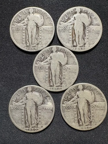 Lot of 5 - 1930 Standing Liberty Quarters - 90% Silver SLQ - Last Year of Issue