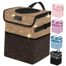 Cute Mini Car Trash Bag with Lid, Glitter Garbage Can Bin Brown Bling Sparkly