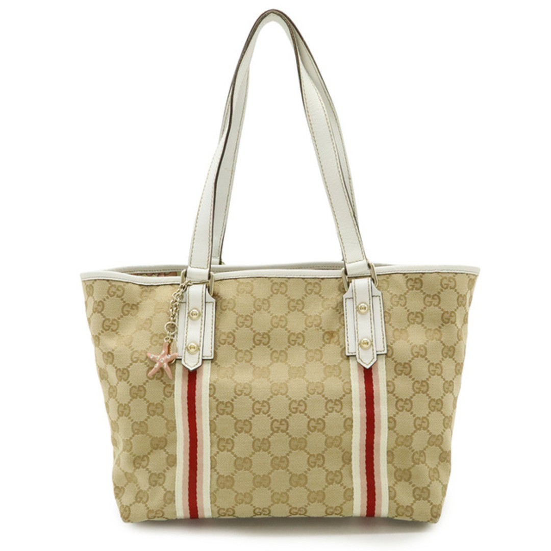 GUCCI GG Canvas Sherry Line Tote Bag Leather Strap Used, Khaki/White