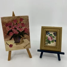 2 Tiny Small Vintage Original Floral Oil Paintings On Easels Cottage Core Signed