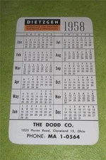 1958 POCKET CALENDAR DIETZGEN DODD CAMERA CLEVELAND OHIO w/ DECIMAL EQUIVALENTS