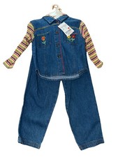 Vintage Y2K 90s Young Hearts Girls Denim Outfit Size 5 Suspenders Flowers