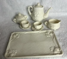 Vintage MINIATURE Bisque TEA SET w/Floral Design Ivory Colored 10-Piece.Detailed