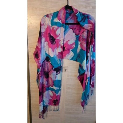 Women Colorful Floral Scarf Pink Teal Blue Rayon Fringed Shawl Wrap Oversized
