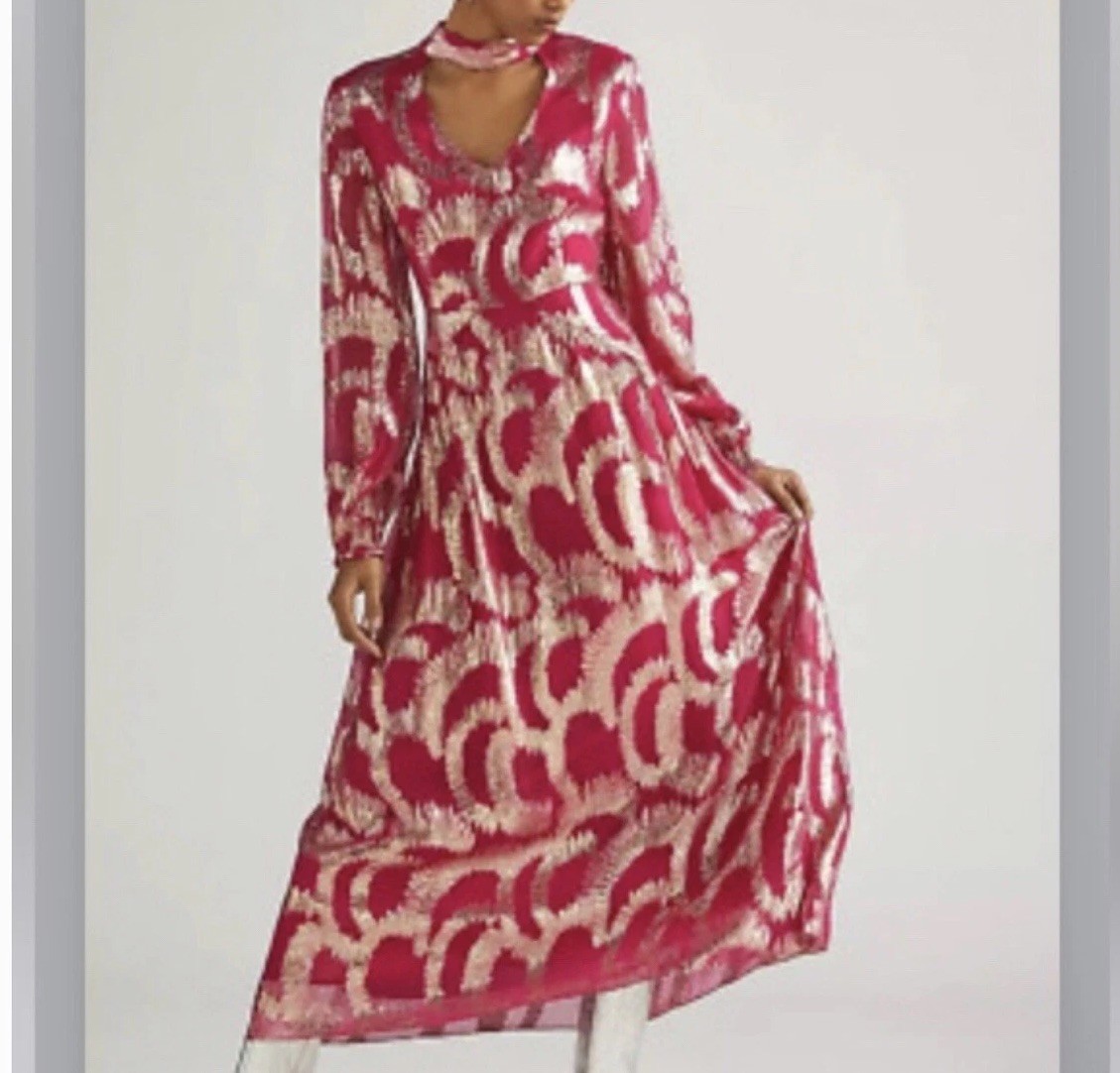 Anthropologie Hemant & Nandita Metallic Maxi Dress Pink & Gold Size 4 NWT $435