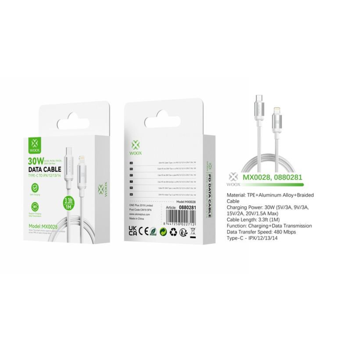Woox Mx0028 Type C To Lightning Braided Data Cable, 30W, 3.3Ft 1M, White 8447258022712 - Image 2
