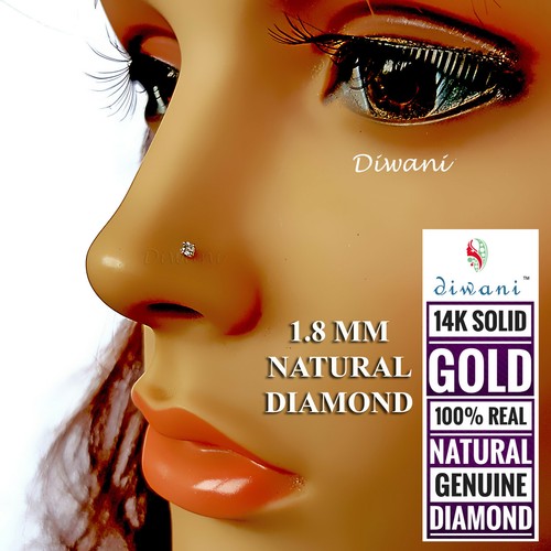 Diwani 1.8mm Natural Si Diamond Solitaire Nose Piercing Ring Stud Pin 14k Gold - Picture 3 of 12
