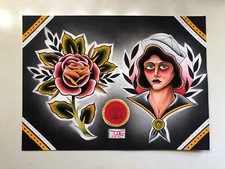 Original Tattoo Flash Art Tattoo Artist Made Rose Lady Old School Traditional