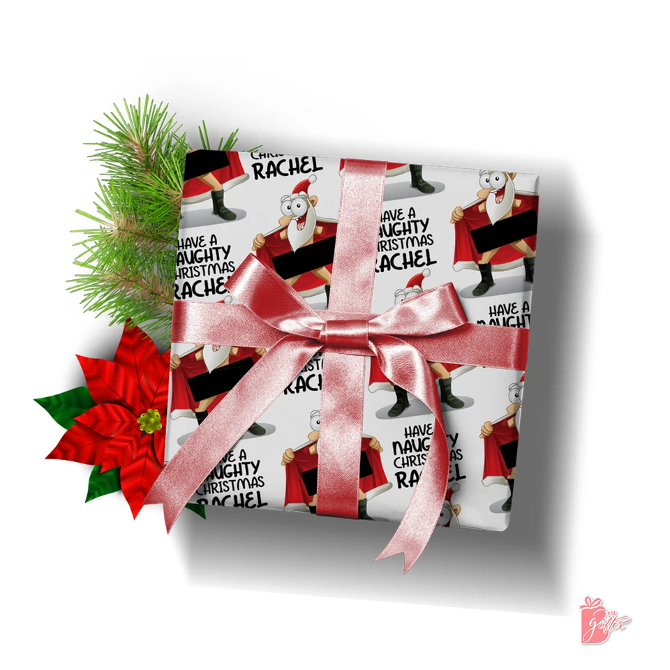 Name Personalized Christmas Gift Wrap Naughty Skinny Santa Custom Wrapping Paper - Image 4 of 4