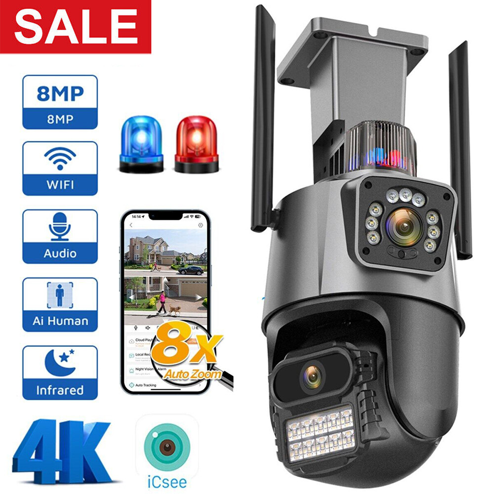 8MP 4K Wifi Security Camera Dual Lens 1-8X Zoom Outdoor PTZ IP Cam Night Vision