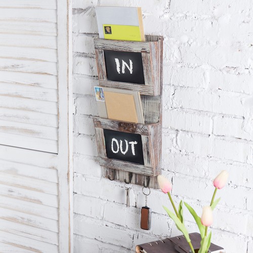 Rustic Wood Wall-Mounted Mail Sorter Organizer with Chalkboard & Key Hook Rack - Picture 4 of 6
