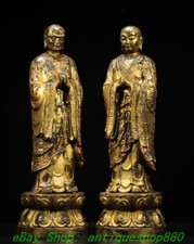 18'' Old Bronze Gold Ananda Tang Seng San Zang Ksitigarbha Buddha Statue Pair
