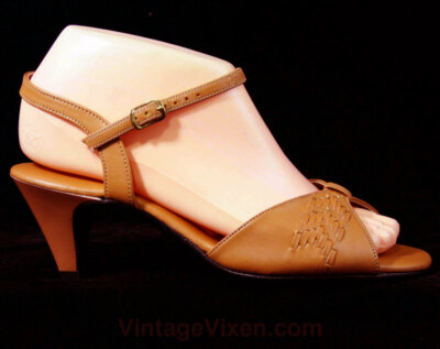 30s Style Sandals Size W Tan 1970s Shoes Woven Deco Strappy Heels  NOS