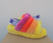 UGG PRIDE RAINBOW FLUFF YEAH SLIDE SHEEPSKIN SLIPPER SANDAL, WOMEN US 7/ 38 NEW