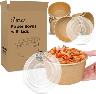 60 Count 30 oz Disposable Paper Bowls with Lids Leak Proof Large Hot Soup Bow...