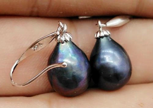 baroque AAA+ 10-12 MM NATURAL TAHITIAN BLACK PEARLS EARRING 14k white gold - Image 3 of 4