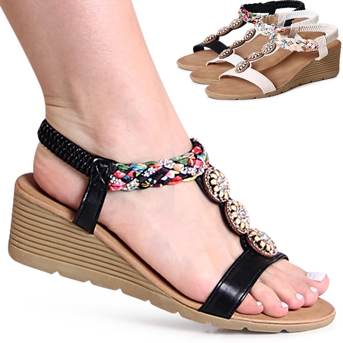 Sandales À Talons Wedge Pour Femmes Avec Paillettes, Bandes Et