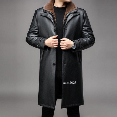 Men Single Breasted PU Leather Detachable Lined Mid Long Over Knee Coat Overcoat