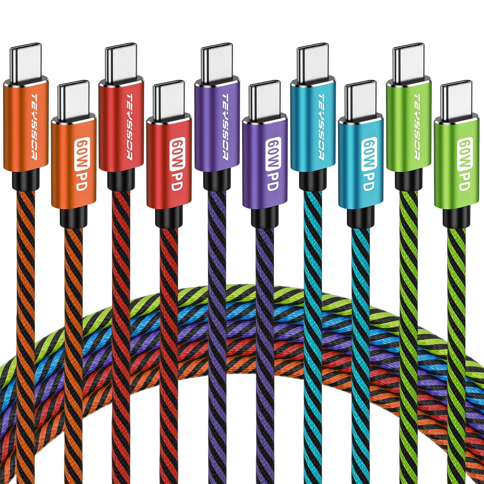 Teyssor USB C to USB C Cable USB C Charger Cable 10FT 5-Pack 60W USBC to USBC...