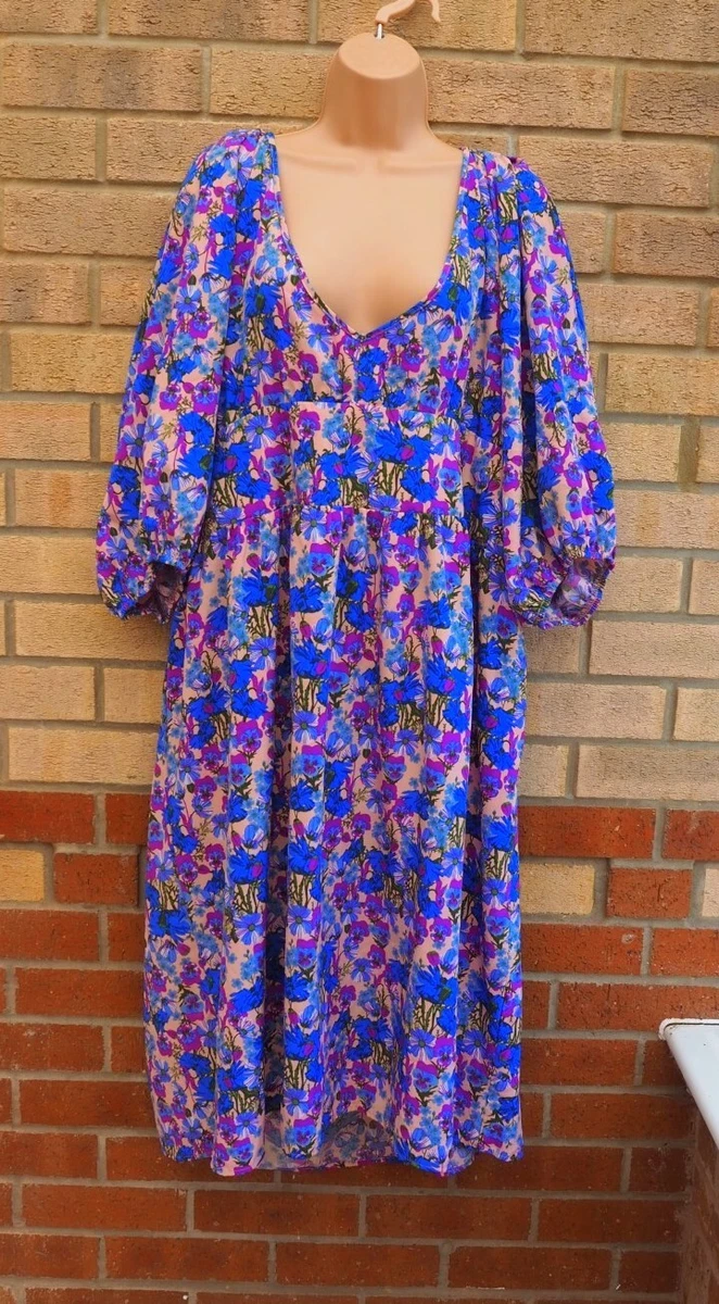 BOOHOO PINK BLUE PURPLE FLORAL PUFF LONG SLEEVE A LINE MIDI VTG