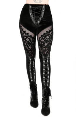 Leggings Restyle Gothic Nugoth schwarz Rosarium flocked Schnürung