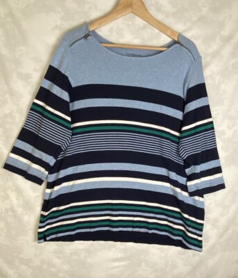 Croft & Barrow  Top XL Blue 3/4 Sleeve Striped Zip Shoulder Knit Casual T Shirt