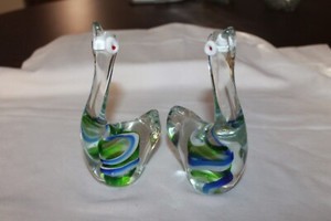 Blown glass Birds swans paper weight figurine clear w swirls s set of 2