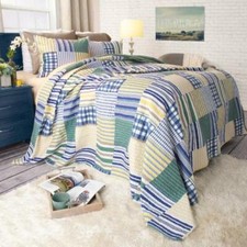 Twin Full Queen King Bed Yellow Green Blue Summer Plaid 3 pc Quilt Set Coverlet