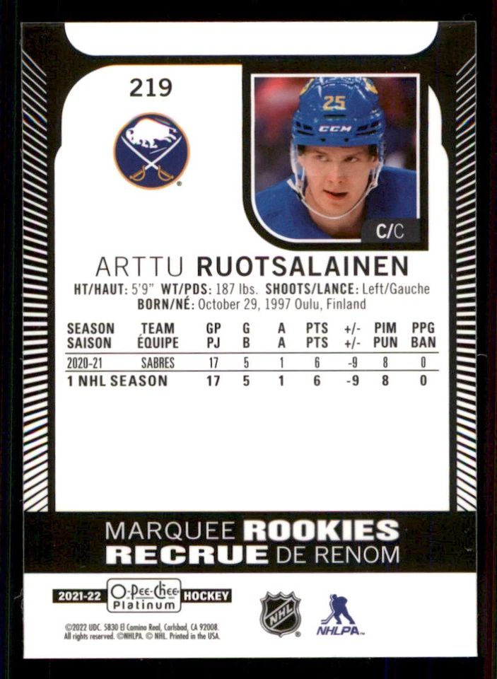 2021-22 O-Pee-Chee Platinum #219 Arttu Ruotsalainen RC - Image 2 of 2