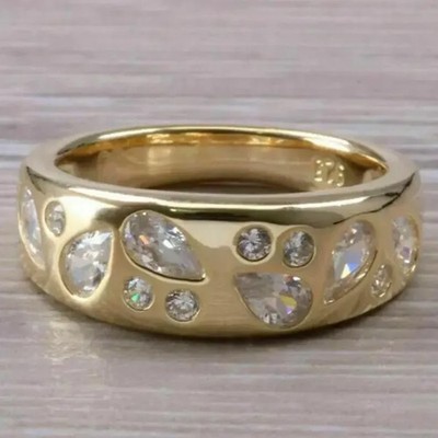 Flush Set Birne Und Rund Schliff Diamant Verstreute Band Ring IN 18K Gelbgold Ab