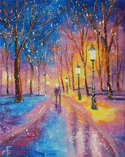 Original Oil Winter Landscape Painting Snow Park Scene Canvas Wall Art Decor