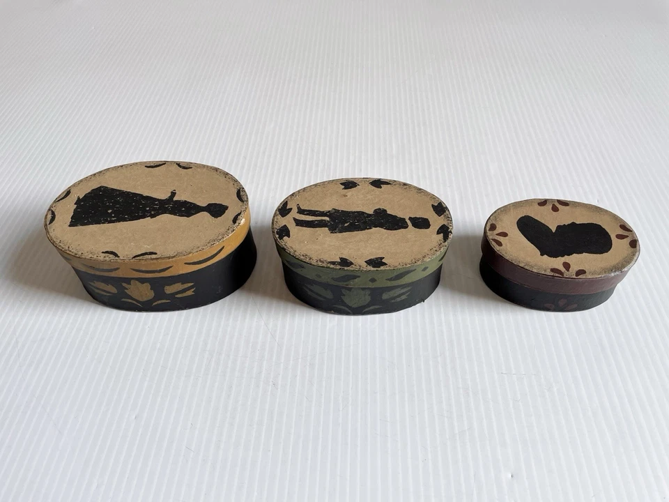 Set Of 3 Oval Nesting Boxes Silhouettes Floral Hand Painted Stacking Storage Box - Image 4 of 4