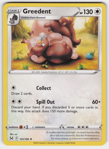 Greedent Lost Origin 151/196 Normal Pokemon TCG NM
