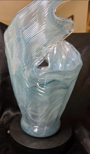 Vintage Murano art glass vase with a distinctive ruffled top and shades of blue