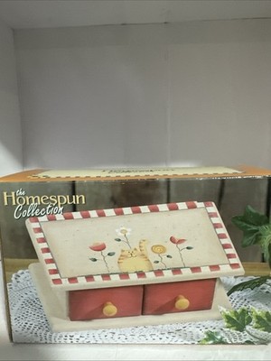 Homespun Collection Painted Wood 2 Drawer Box W/ Cat And Flowers