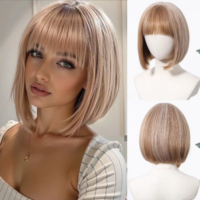 Human Hair New Fashion Beautiful Women's Ombre Blond Brown Straight Wig 12In