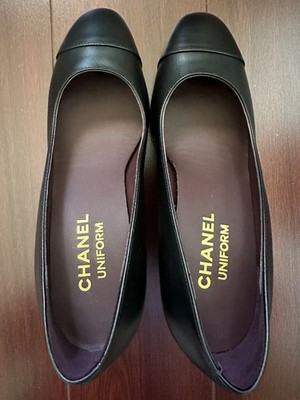 100% Authentic Chanel Uniform Black Leather Cap Toe Mid Heel Shoes