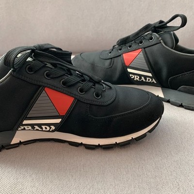 Prada Shoes Mens Size 7.5 Black Low Top Sneaker Nylon Blend White/Grey Sole Logo