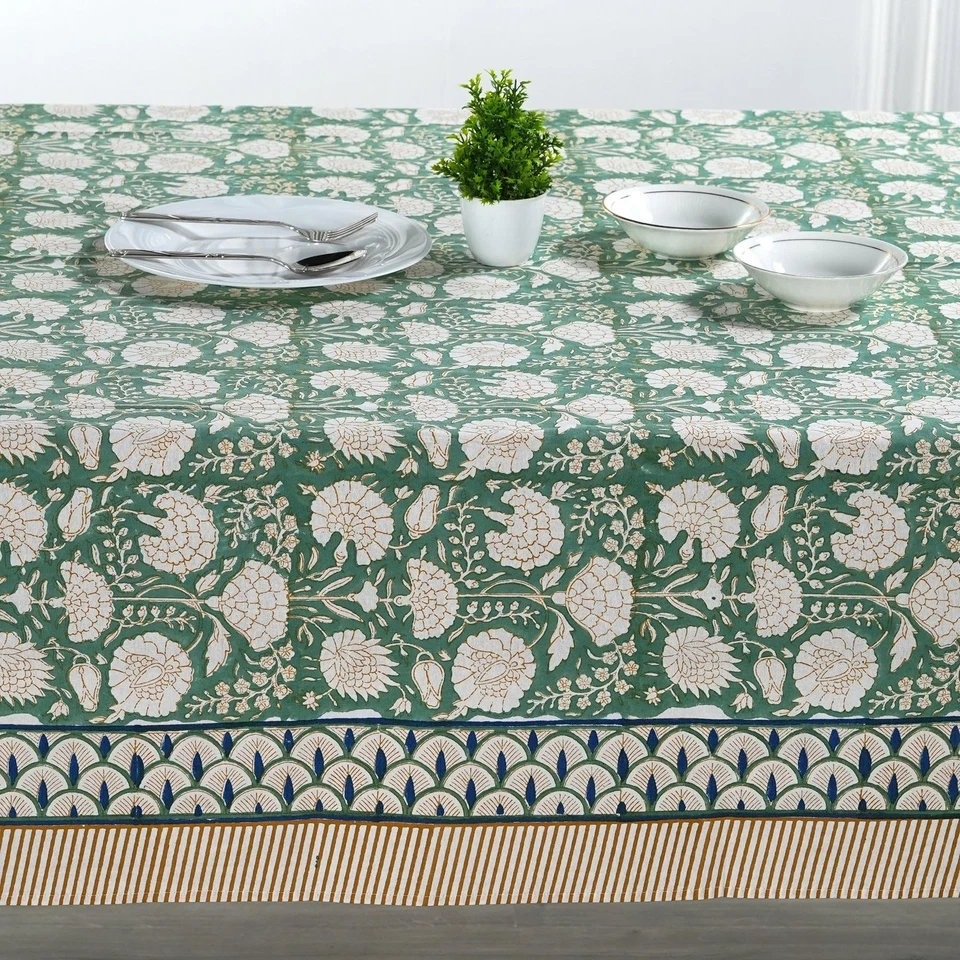 Ridhi Turquoise Moss Green Hand Block Print Cotton Rectangle Tablecloth 120 X... - Image 4 of 4