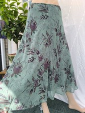 CC 100% Silk Green Purple Floral Midi Skirt Size M UK 10/12 Elastic Waist Floaty