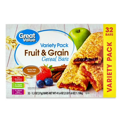 Great Value Fruit & Grain Cereal Bars, Variety Pack, 1.3 oz, 32 Count.